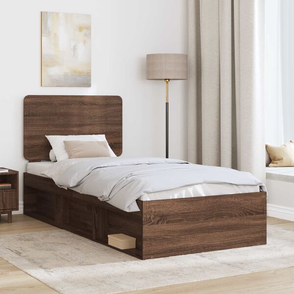 vidaXL Bed Frame with Headboard Brown Oak 75 x 190 cm Solid Pine Wood