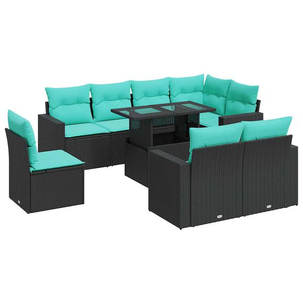 vidaXL 9 Piece Garden Sofa Set with Cushions Black Poly Rattan Acacia