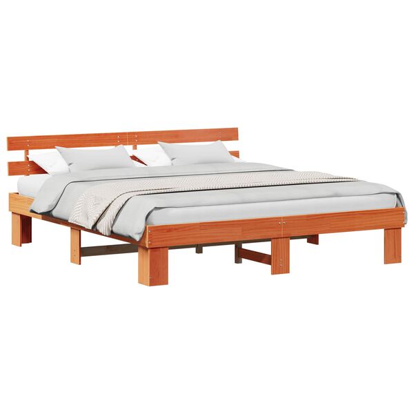 vidaXL Bed Frame with Headboard Wax Brown 200 x 200 cm Solid Pine Wood