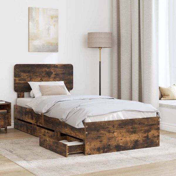 vidaXL Bed Frame with Drawer Smoked Oak 75 x 190 cm Engineer Wood
