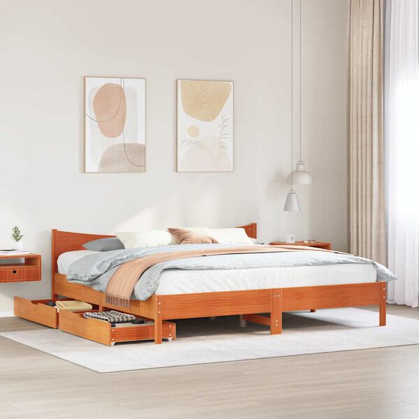vidaXL Bed Frame with Drawers Wax Brown 200x200 cm Solid Wood Pine