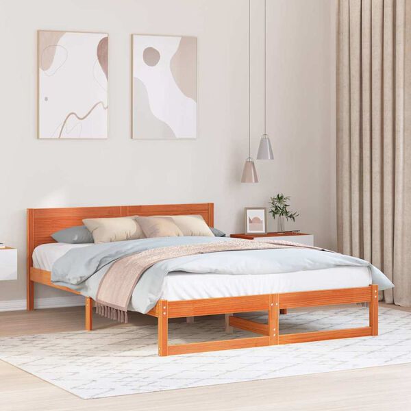 vidaXL Bed Frame with Headboard Wax Brown 160 x 200 cm Solid Pine Wood