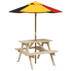 vidaXL Picnic Table for 4 Kids with Umbrella Solid Wood Fir