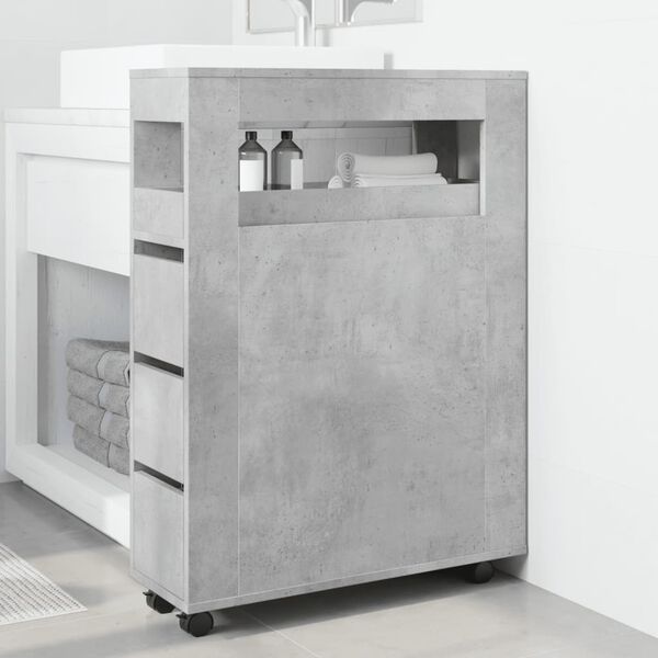 vidaXL Narrow Bathroom Cabinet with Wheels Concrete Grey Engineered Wood