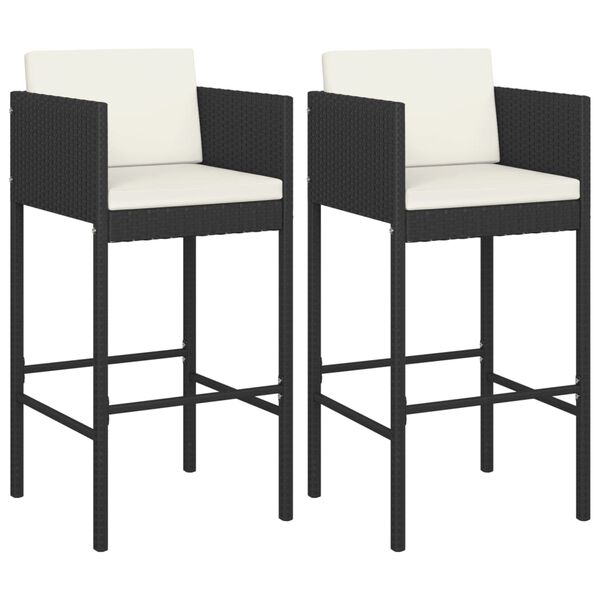 vidaXL Bar Stools 2 pcs with Cushions Black Poly Rattan