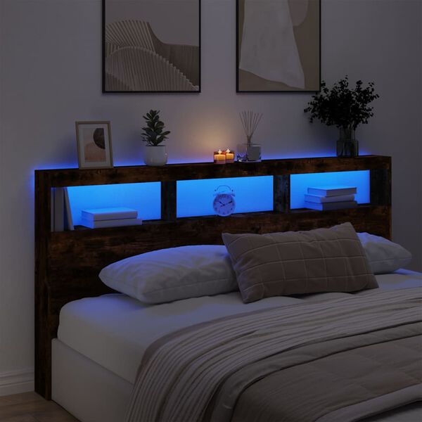 vidaXL Headboard Cabinet with LED Smoked Oak 200x17x102 cm