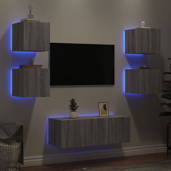 vidaXL 6 Piece TV Wall Units with LED Grey Sonoma Engineered Wood