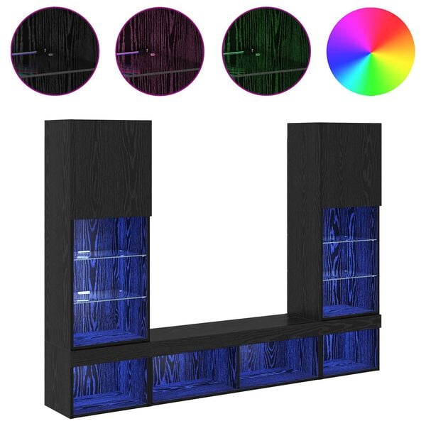 vidaXL TV Wall Units with LED with LED 5 pcs Black Oak Engineered Wood