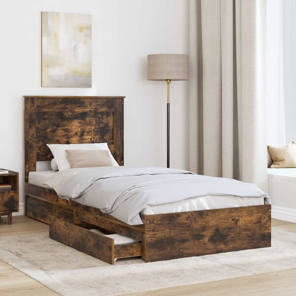 vidaXL Storage Bed with Drawer Smoked Oak 90 x 190 cm Engineered Wood