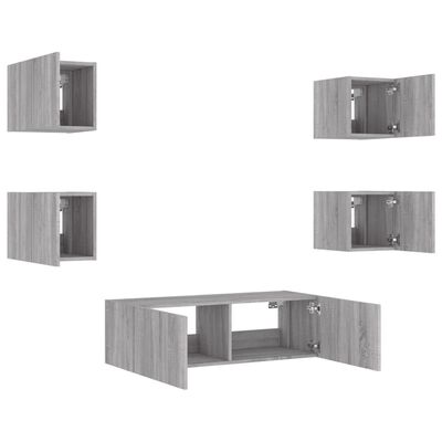 vidaXL 5 Piece TV Wall Cabinets with LED Lights Grey Sonoma