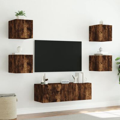vidaXL 5 Piece TV Wall Cabinets with LED Lights Smoked Oak