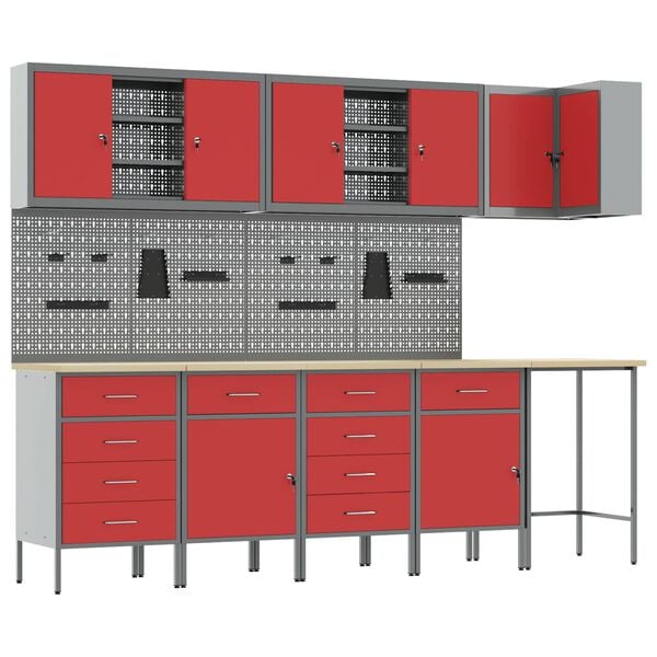 vidaXL Work Cabinet Set with Drawer with Shelf 12 pcs Red and Grey