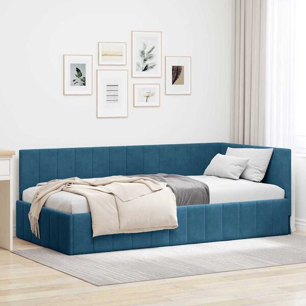 vidaXL Corner Bed Frame with Headboard Blue 100 cm x 200 cm Velvet