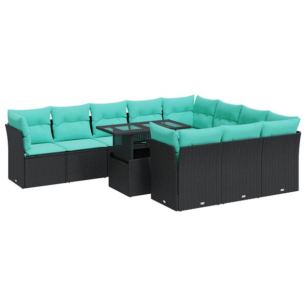 vidaXL 11 Piece Garden Sofa Set with Cushions Black Poly Rattan Acacia