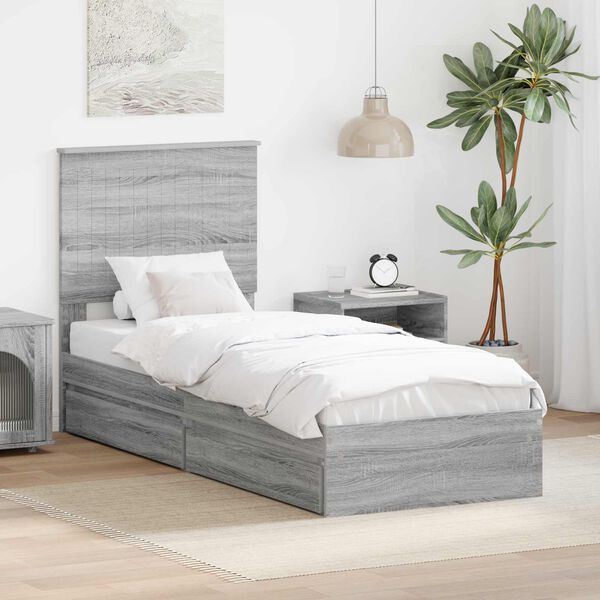 vidaXL Storage Bed with Drawer Grey Sonoma 75 x 190 cm Engineered Wood