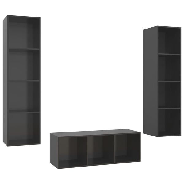 vidaXL 3 Piece TV Cabinet Set High Gloss Grey Engineered Wood