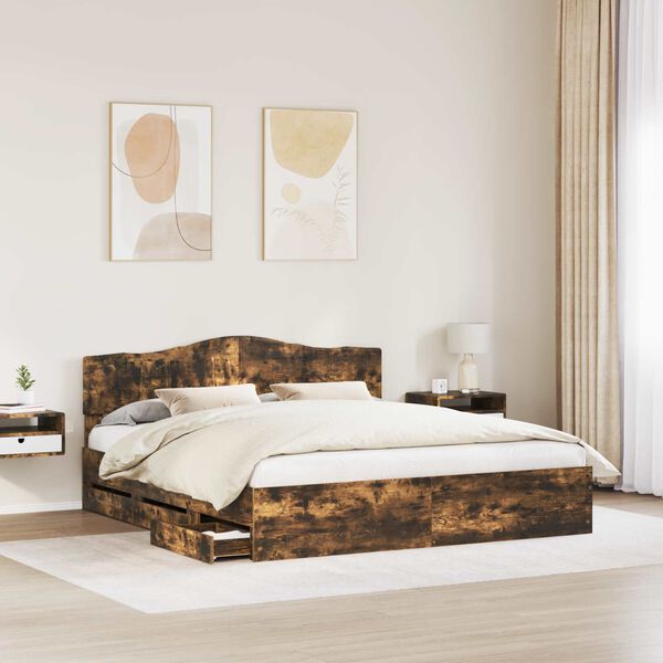vidaXL Bed Frame with Drawer Smoked Oak 200 x 200 cm Engineer Wood
