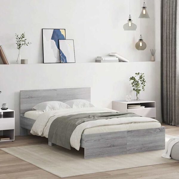 vidaXL Bed Frame with Headboard and LED Grey Sonoma 140x190 cm
