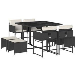 vidaXL 9 Piece Garden Dining Set with Cushions Black Poly Rattan