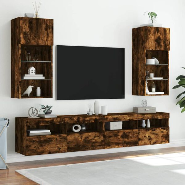 vidaXL TV Cabinets with LED Lights 2 pcs Smoked Oak 40.5x30x90 cm