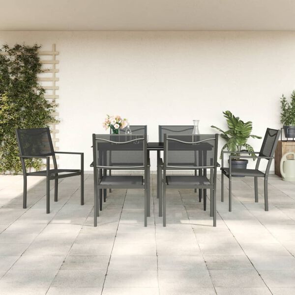 vidaXL 7 Piece Garden Dining Set Black Steel and Textilene