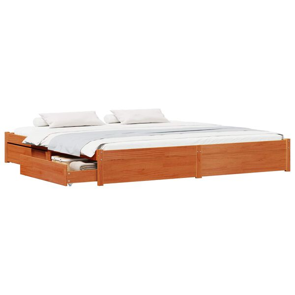 vidaXL Bed Frame with Drawer Wax Brown 200 x 200 cm Solid Pine Wood