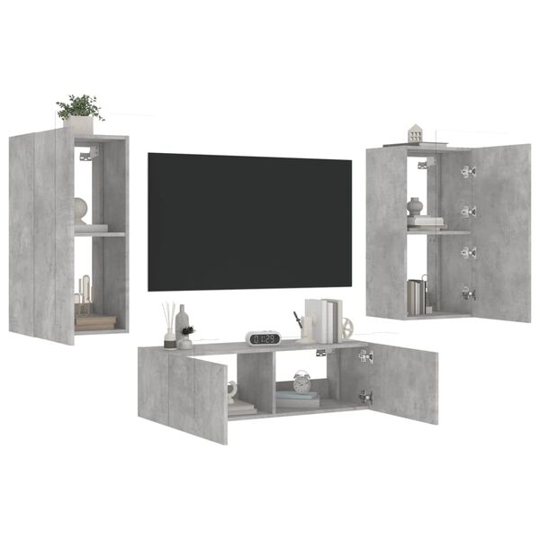 vidaXL 3 Piece TV Wall Cabinets with LED Lights Concrete Grey
