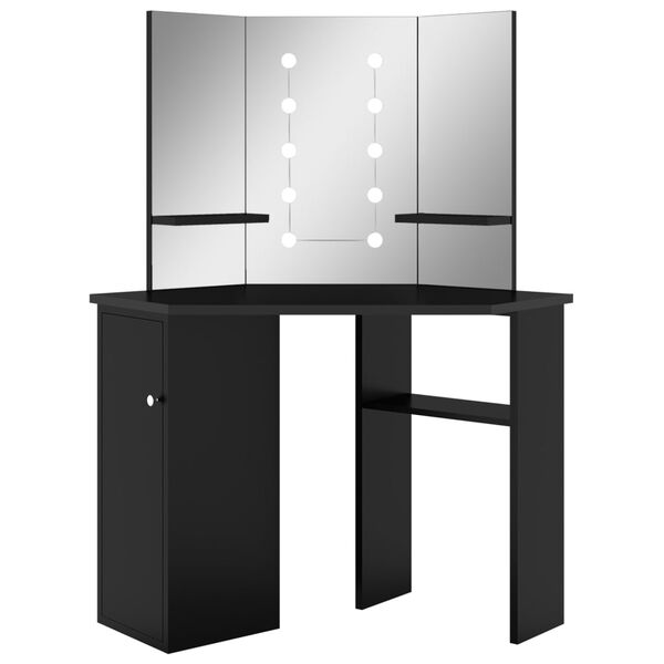 vidaXL Corner Dressing Table with LED Black 111x54x141.5 cm