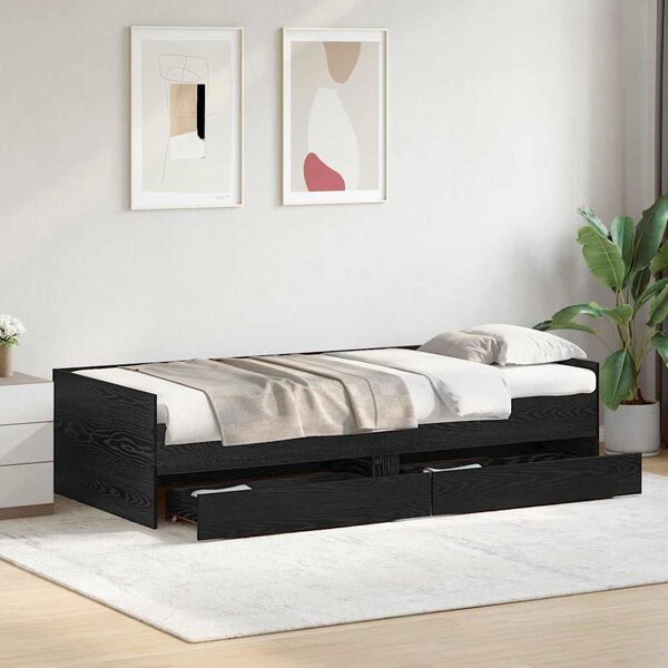 vidaXL Bed Frame with Drawer Black Oak 100 x 200 cm Solid Pine Wood