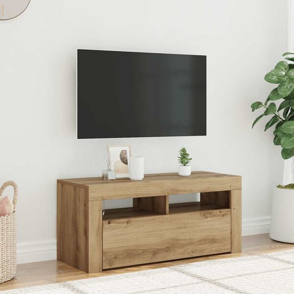 vidaXL TV Cabinet with LED Lights Artisan Oak 90x35x40 cm Engineered Wood