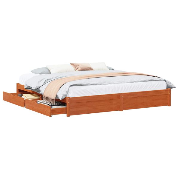 vidaXL Bed Frame with Drawer Wax Brown 200 x 200 cm Solid Pine Wood