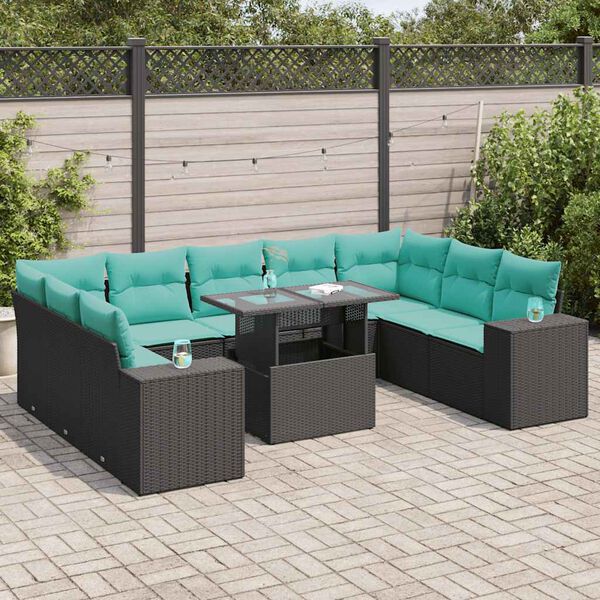vidaXL 10 Piece Garden Sofa Set with Cushions Black Poly Rattan Acacia