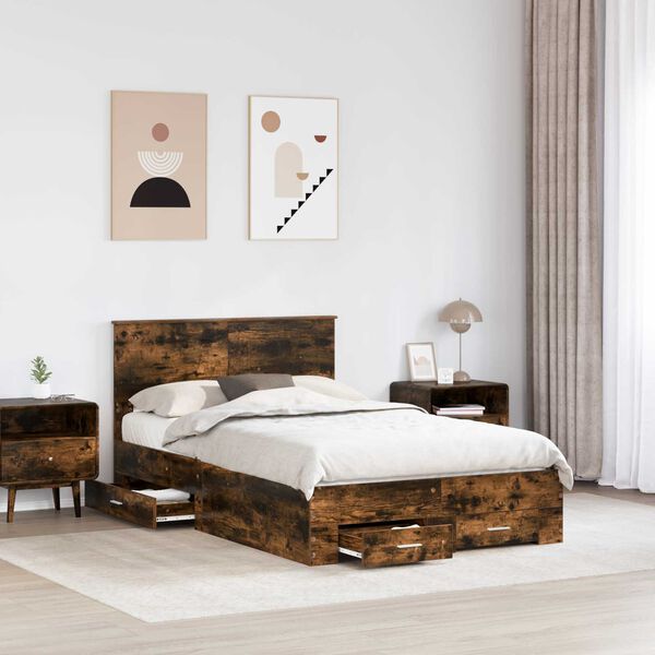 vidaXL Bed Frame with Drawer Smoked Oak 135 x 190 cm Engineered Wood