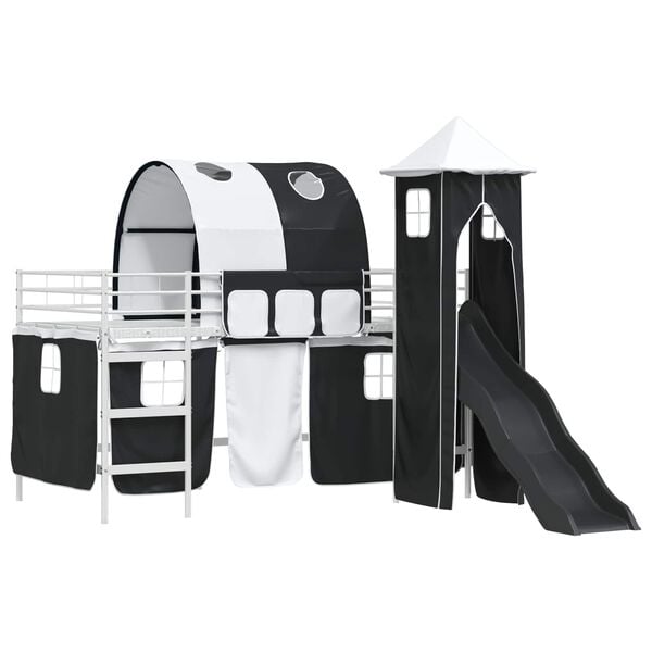 vidaXL Kids'Loft Bed Frame with Curtains, Arch, Slide, Tower