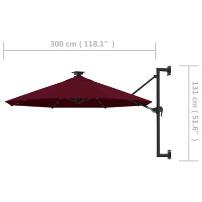 vidaXL Wall-mounted Parasol with LEDs and Metal Pole 300 cm Burgundy