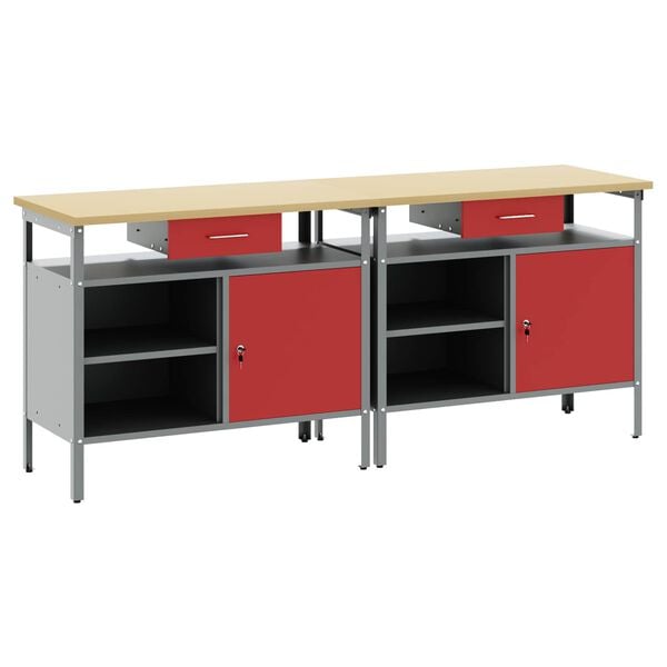 vidaXL Work Bench Set 2 pcs Red 200 x 55 x 85 cm Powder-Coated Steel