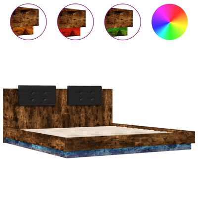 vidaXL Bed Frame with Headboard and LED Lights Smoked Oak 180x200 cm Super King