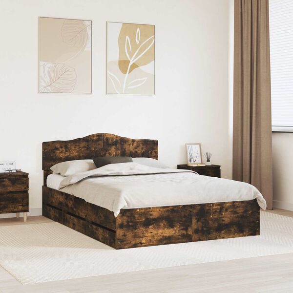 vidaXL Bed Frame with Drawer Smoked Oak 140 x 200 cm Engineer Wood