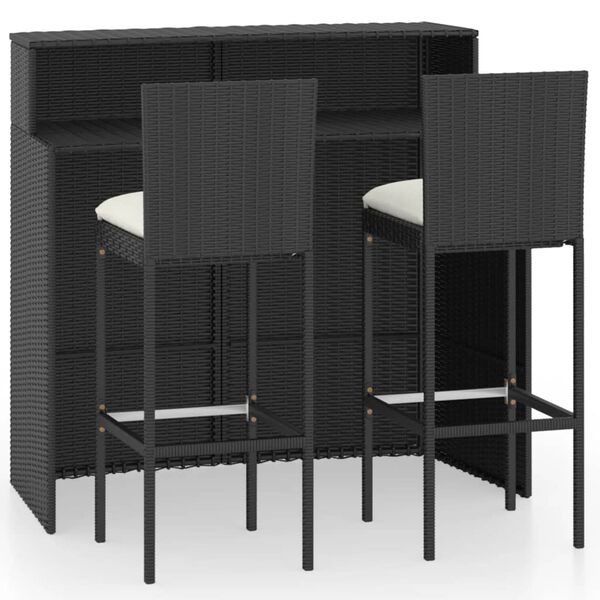 vidaXL 3 Piece Garden Bar Set with Cushions Poly Rattan Black