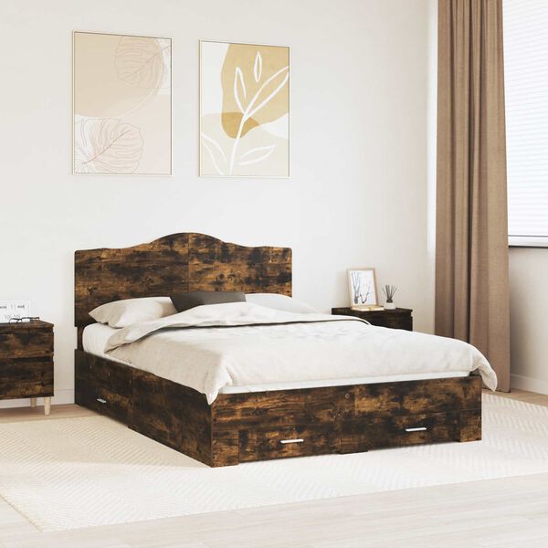 vidaXL Bed Frame with Drawer Smoked Oak 140 x 190 cm Engineered Wood