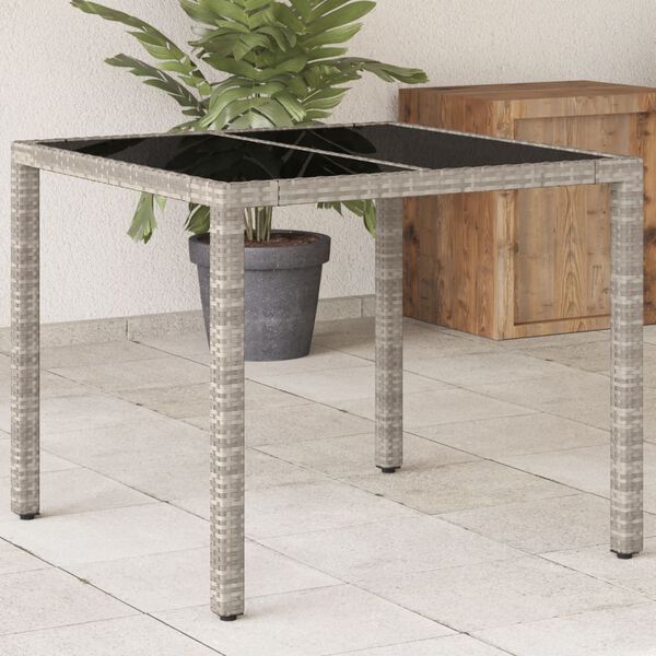 vidaXL Garden Table with Glass Top Light Grey 90x90x75 cm Poly Rattan