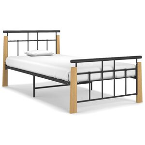 vidaXL Bed Frame | Black and Light Oak | Powder-coated metal, solid oak wood