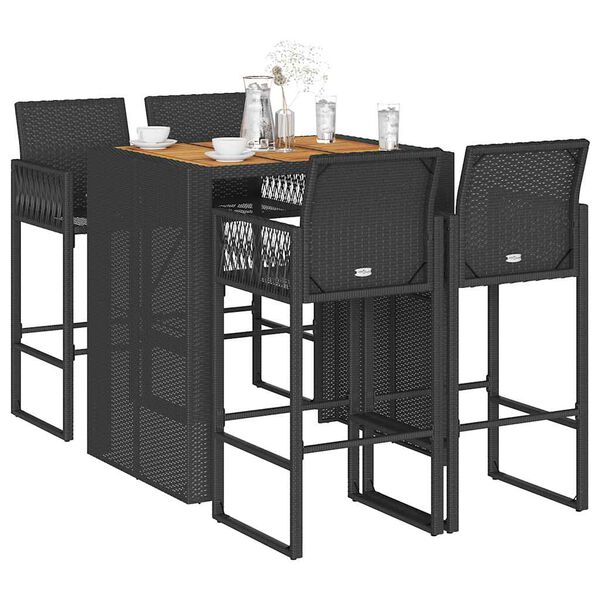 vidaXL 5 Piece Garden Bar Set without Cushions Black Poly Rattan Acacia