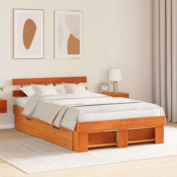 vidaXL Bed Frame with Headboard Wax Brown 120 x 200 cm Solid Pine Wood