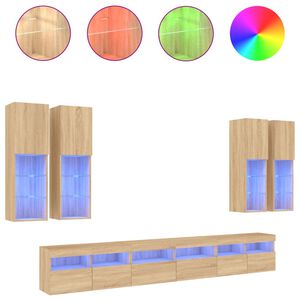 vidaXL 7 Piece TV Wall Cabinet Set with LED Lights Sonoma Oak