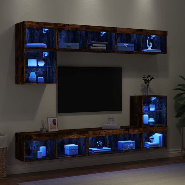 vidaXL 8 Piece TV Wall Units with LED Smoked Oak Engineered Wood