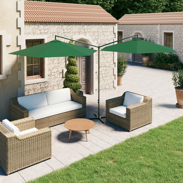 vidaXL Double Garden Parasol with Steel Pole Green 600 cm