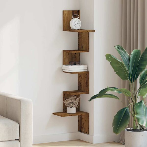 vidaXL Wall Corner Shelf Old Wood 32x32x127,5 cm Engineered Wood