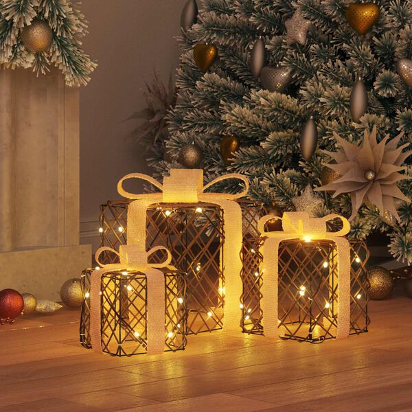 vidaXL Gift Box with 60 LEDs 3 pcs Warm white 20 x 20 x 20 cm Rattan