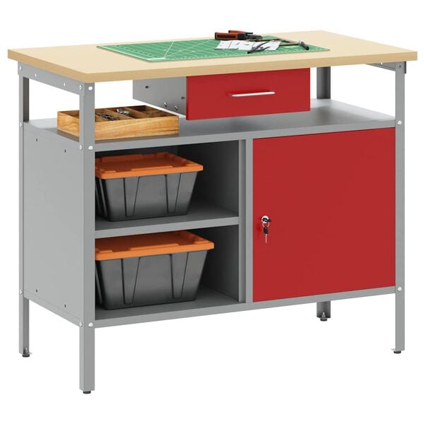 vidaXL Work Bench with Drawer with Shelf Red and Grey 100 x 55 x 85 cm